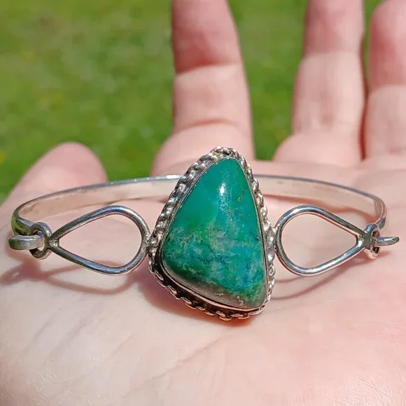 Vintage Sterling Silver & Chrysocolla Stone Hook Clasp Reygo 925 Mexico Bangle - Picture 4 of 13